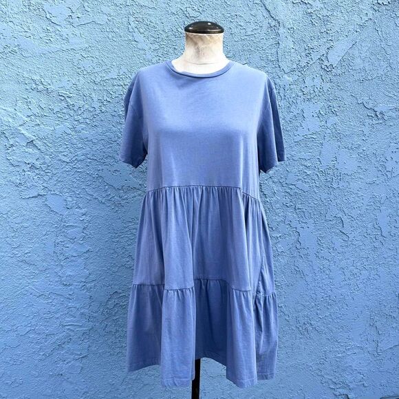 Kotn Tiered Babydoll Dress 100% Cotton Small Blue - Picture 7 of 8